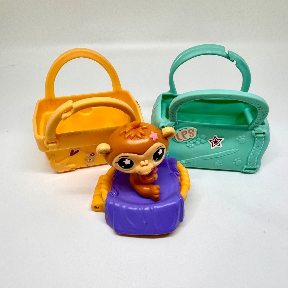 Littlest Pet Shop LPS Monkey Figure & Carrier Baskets 2008 Hasbro McDonald's Lot